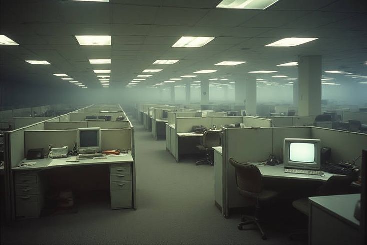 Um escritório cheio de computadores antigos em um ambiente vazio e interminável com neblina